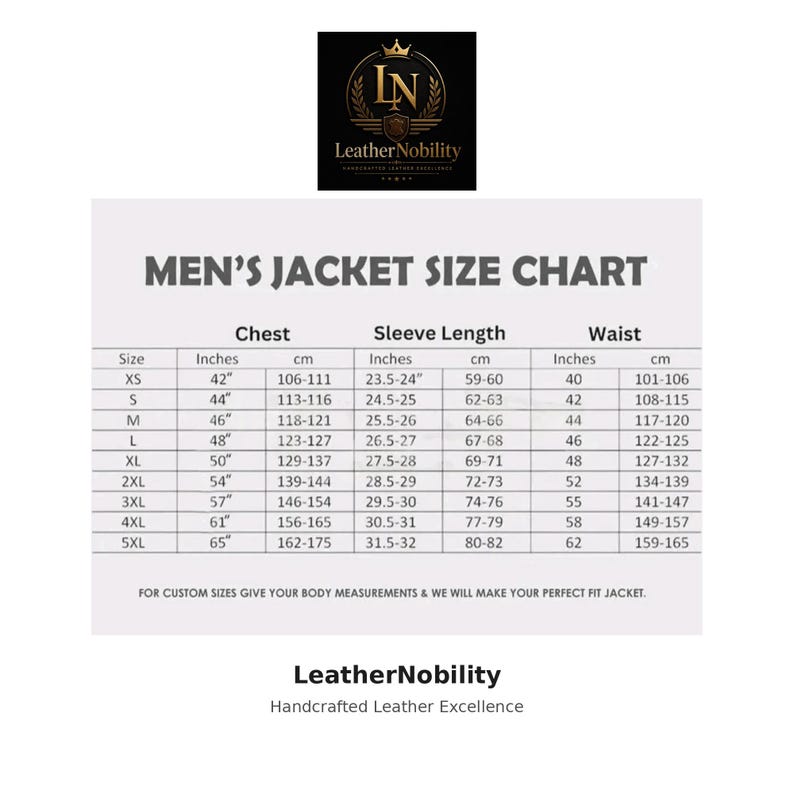 Pode incluir: Tabela branca com texto preto detalhando tamanhos de jaquetas masculinas. As medidas s&atilde;o fornecidas em polegadas e cm para peito, comprimento da manga e cintura. Tamanhos de XS a 5XL. O logotipo Leather Nobility est&aacute; no topo.