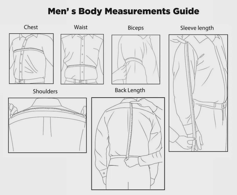 May include: A body measurements guide with illustrations showing how to measure chest, waist, biceps, sleeve length, shoulders, and back length. The title reads "Men's Body Measurements Guide". The illustrations are in black and white.