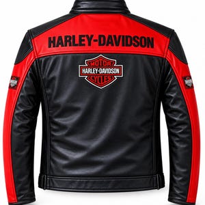 Herr Harley Davidson röd och svart läderbikerjacka med logotypmärken