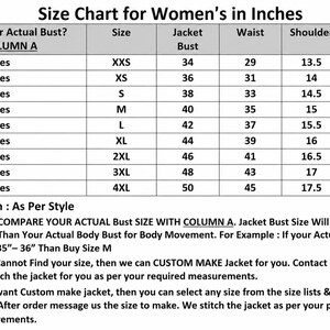 May include: A size chart for jackets, displaying measurements in inches. The chart includes bust, waist, shoulder, and sleeve dimensions, with sizes ranging from XXS to 4XL. Additional notes provide guidance on selecting the correct size.