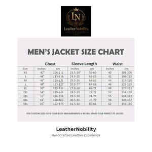 May include: A white chart with black text detailing men's jacket sizes. Measurements are provided in inches and centimeters for chest, sleeve length, and waist. The chart includes sizes XS to 5XL. The Leather Nobility logo is at the top.