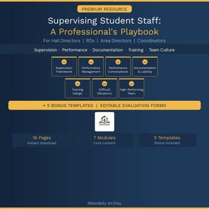 May include: A digital resource titled "Supervising Student Staff: A Professional's Playbook" with a dark blue background and gold accents. The resource includes templates, modules, and evaluation forms for hall directors and coordinators.