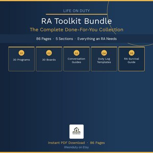May include: A navy blue graphic with the text "LIFE ON DUTY" and "RA Toolkit Bundle". The image includes the text "The Complete Done-For-You Collection" and lists 5 sections and 86 pages. It also includes the text "Instant PDF Download" and "lifeonduty on Etsy".