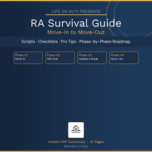 May include: A navy blue digital guide titled "RA Survival Guide" with the text "Move-In to Move-Out." The guide includes scripts, checklists, and pro tips. It is divided into four phases: Move-In, Mid-Year, Holiday & Break, and Move-Out. The guide is a 10-page instant PDF download.
