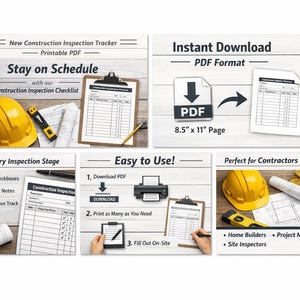 Peut inclure: Un suivi d'inspection de construction PDF imprimable. L'image montre un casque de chantier jaune, un presse-papiers avec une liste de contrôle et le texte "Restez à l'heure". Le suivi est conçu pour les entrepreneurs et les constructeurs.