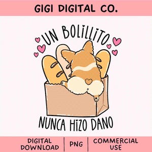 May include: A digital illustration featuring a corgi dog's rear end in a paper bag with bread. The text "UN BOLILLITO" and "NUNCA HIZO DANO" are above and below the corgi. Pink hearts are scattered around the image.