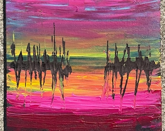 Levendige abstracte zonsondergang acrylschilderij canvas 10 x 8 inch – getextureerd luchtlandschap