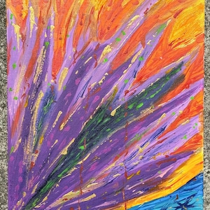 May include: Abstract acrylic painting on canvas with a vibrant colour palette. The artwork features a burst of purple, orange, and yellow hues, with accents of green and gold. The painting has a textured appearance, with visible brushstrokes and splatters.