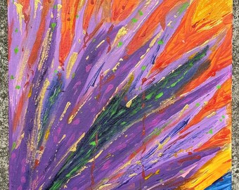 Abstract acrylschilderij: gouden zonsondergang, paneel op gespannen doek 14 x 11 inch