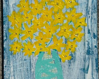 Acrylschilderij lenteochtend gele bloemen canvas 10 x 8 inch
