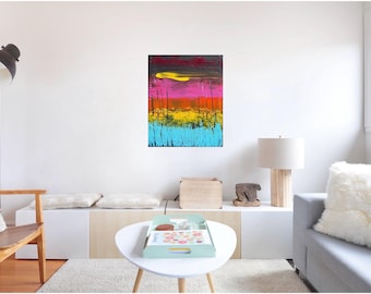 Levendig abstract acrylschilderij: "Burnt Bridge"-landschap (10 x 8" ingelijst canvas)