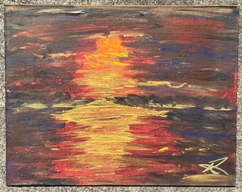 Abstract acrylschilderij: gouden zonsondergang, paneel op gespannen doek