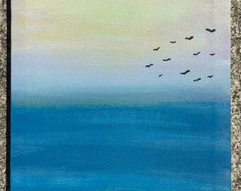 Serenity: acrylschilderij: 10 x 8" ingelijst canvas met vogels tijdens de vlucht
