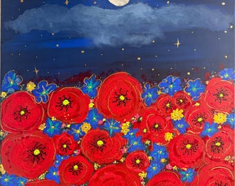 Acrylschilderij bij maanverlichte tuin: rode klaprozen, blauwe bloemen, canvas kunst nachtelijke hemel