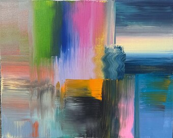 Abstract acrylschilderij op ingelijst canvas – glitch-stijl hedendaagse kunst