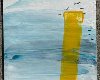 Abstract acrylschilderij: gele toren, blauwe lucht, vogels (10 x 8" ingelijst canvas)