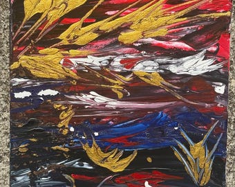 Abstract acrylschilderij: de tijd vliegt, paneel op gespannen doek