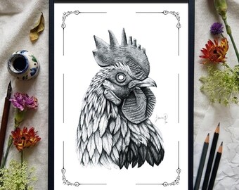 Stampa artistica da parete con gallo / Decorazione in stile rustico / Dipinto realistico di uccello per la cucina / Illustrazione di uccello / Disegno naturalistico suggestivo (Download digitale)