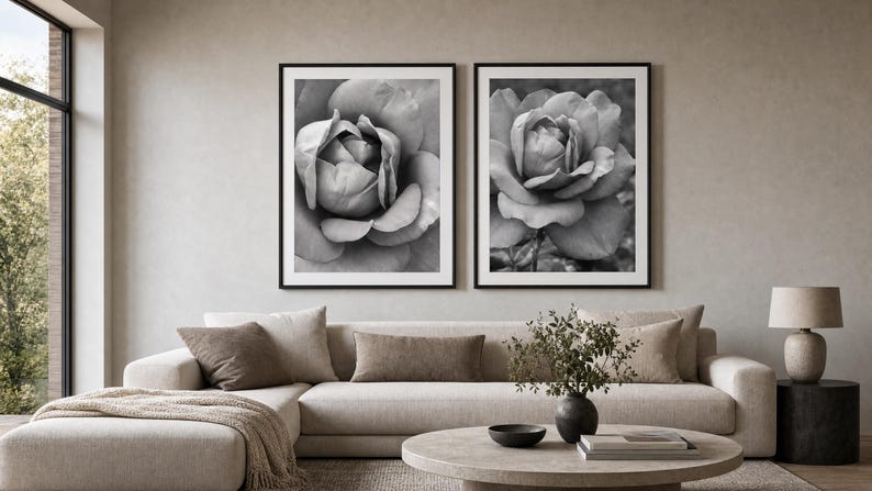 Black and White Rose Wall Art Set, Floral Printable, Botanical ...