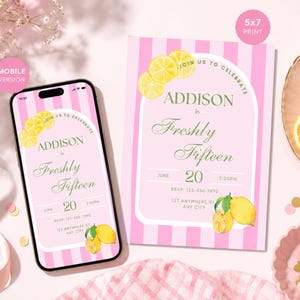 Freshly Fifteen レモンバースデー招待状、印刷可能、女の子の誕生日