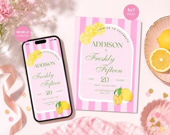 May include: A digital invitation and a 5x7 print featuring a pink and white striped background with watercolor lemon illustrations. The text reads: JOIN US TO CELEBRATE ADDISON is Freshly Fifteen JUNE 20 5:00PM RSVP: 123-456-7890 123 ANYWHERE ST ANY CITY.