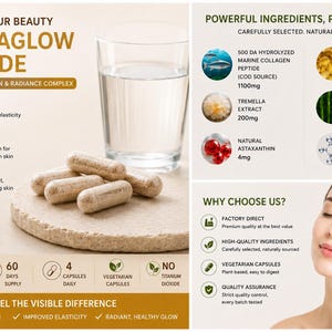 May include: HydraGlow Peptide capsules, a premium hydration and radiance complex, are displayed with a glass of water. The image highlights key ingredients and benefits, including enhanced skin elasticity and a radiant glow. The product contains 240 capsules per bottle.