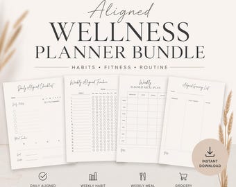 Aligned Wellness Planner Bundle Minimal Habit Tracker Printable Daily Weekly Planner Self Improvement Routine Digital Download