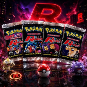 May include: Four sealed Pokémon Team Rocket trading card game booster packs featuring 1st edition branding, each containing 11 game cards. A Meowth figure, a Koffing figure, a red and white Poké Ball, and a circular R logo token are displayed.