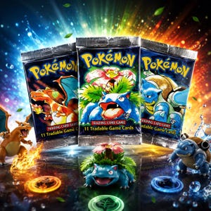 Peut inclure: Trois paquets de cartes à collectionner Pokémon illustrés avec Charizard, Venusaur et Blastoise. Chaque paquet porte le logo Pokémon et la mention 11 Tradable Game Cards. Des figurines des mêmes personnages sont placées devant les paquets.