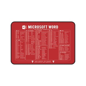 Puede incluir: Un mousepad rectangular rojo con un diseño detallado de los atajos de teclado de Microsoft Word en blanco. El mousepad incluye secciones para archivo, edición, texto y párrafos, navegación, vista, revisión, inserción, acceso rápido y funciones diversas. El texto "Microsoft Word Keyboard Shortcuts" está en la parte superior.