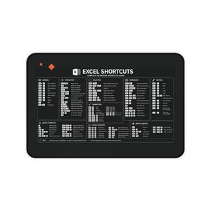 May include: Black rectangular mousepad with the text "EXCEL SHORTCUTS COMPLETE KEYBOARD SHORTCUTS GUIDE" in white. The mousepad features a detailed layout of Excel keyboard shortcuts, categorized for easy reference. An orange diamond shape is in the upper left corner.