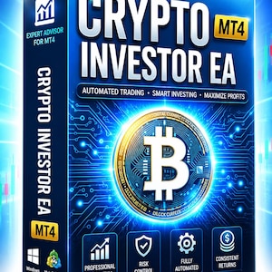 Może przedstawiać: Niebieskie prostokątne pudełko z oprogramowaniem z napisem CRYPTO INVESTOR EA MT4. Przód przedstawia świecący symbol Bitcoina na tle wzoru płytki drukowanej, z tekstem AUTOMATED TRADING, SMART INVESTING, MAXIMIZE PROFITS oraz czterema ikonami.
