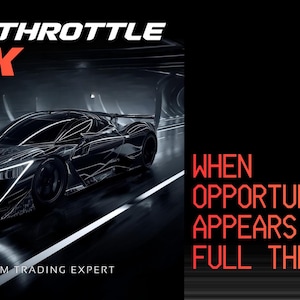 Op de afbeelding: Een futuristische zwarte sportwagen met heldere witte accenten racet over een donkere, wazige weg. De tekst "FULL THROTTLE DMX" staat bovenaan, met "PREMIUM TRADING EXPERT" onderaan. Rechts staat de tekst "WHEN OPPORTUNITY APPEARS - GO FULL THROTTLE."