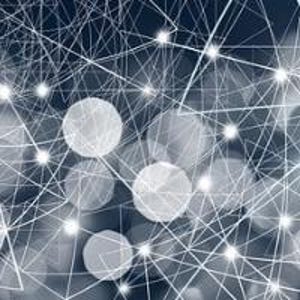 May include: Abstract digital art with a network of interconnected lines and glowing white circles against a dark blue background. The design evokes a sense of connectivity and data flow, with a focus on light and shadow.