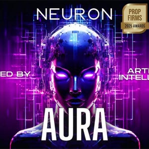 May include: A digital art image featuring a futuristic female figure with glowing purple eyes and a metallic head. The word "NEURON" is at the top, with "AURA" below the figure. Text includes "POWERED BY" and "ARTIFICIAL INTELLIGENCE". A gold emblem reads "PROP FIRMS 2025 AWARDS".