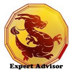 Puede incluir: Un colgante octogonal dorado con un diseño de dragón rojo. El dragón está en una pose dinámica, con la cola enroscada y las garras extendidas. El texto "Expert Advisor" está en la parte inferior del colgante.