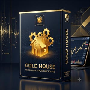 Puede incluir: Una caja rectangular para el software de trading automático Gold House para MT5. La caja azul oscuro presenta un icono de casa dorada con engranajes, texto dorado que dice Gold House y el logotipo de MT5. El diseño incluye patrones de circuitos.