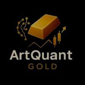 Puede incluir: Un gráfico de lingote de oro colocado sobre el texto ArtQuant GOLD en una fuente gris claro. El diseño incluye un patrón de puntos y líneas, un gráfico de líneas en zigzag y dos iconos de gráficos de velas con una flecha hacia arriba.