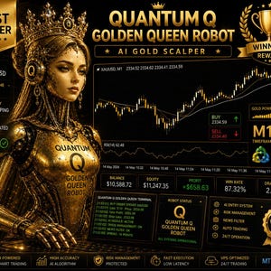 Puede incluir: Ilustración dorada de una mujer robot con corona y auriculares, con el texto "QUANTUM Q GOLDEN QUEEN ROBOT." La imagen incluye datos financieros, gráficos y las palabras "AI GOLD SCALPER", "BEST SELLER" y "WINNING REWARD."