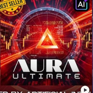 以下が含まれることがあります： 赤と黒の背景に、白い文字で「AURA ULTIMATE」と書かれたデジタルグラフィック。データ視覚化と中央のオレンジ色の三角形があります。左上隅には「BEST SELLER」バッジがあります。