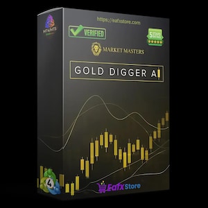 Puede incluir: Una caja negra con el texto "GOLD DIGGER AI" en letras doradas. La caja también muestra "VERIFIED" y "MARKET MASTERS". El fondo tiene un diseño de gráfico de velas doradas. La dirección del sitio web es https://eafxstore.com.