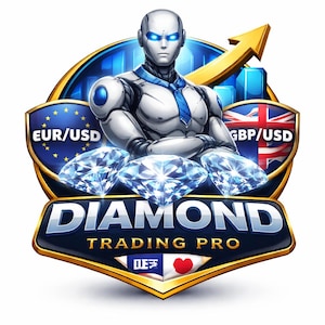 May include: A digital illustration featuring a futuristic robot with blue glowing eyes and a tie, set against a gold and blue emblem. The emblem includes diamonds, currency symbols, and the text "DIAMOND TRADING PRO."