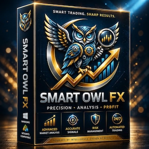 Puede incluir: Una caja de software negra para Smart Owl FX con un búho azul y dorado que sostiene una lupa sobre un gráfico bursátil. El texto dice Smart Trading. Sharp Results. Smart Owl FX, Precision, Analysis, Prbfit y Windows MT4/MT5 compatible.