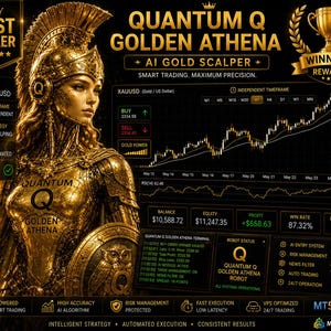 May include: A digital graphic with a golden Athena figure, text reading "Quantum Q Golden Athena," and financial data charts. The image promotes AI-powered smart trading with high accuracy and risk management.
