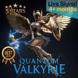 Puede incluir: Ilustración digital de una guerrera con armadura dorada y plateada con grandes alas de plumas, sosteniendo un martillo y un escudo. El texto "Quantum Valkyrie", "Live Signal 4+ months" y "Best Seller" está incluido.