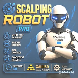 Puede incluir: Un robot humanoide blanco y negro con ojos azules brillantes está de pie con los brazos cruzados. El texto dice SCALPING ROBOT PRO, ULTRA FAST SCALPING, PRECISE ENTRIES, RISK CONTROL, CONSISTENT RESULTS, TMEFRAME M1, XAUUSD GOLD / US DOLLAR, FULLY AUTOMATIC.