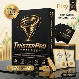 Puede incluir: Una caja negra para el software de trading Twister Pro Scalper con un gráfico de tornado dorado, el texto Advanced Trading Software for XAUUSD y dos memorias USB doradas. Incluye certificados de licencia digital para las versiones 2.0 y 1.8.