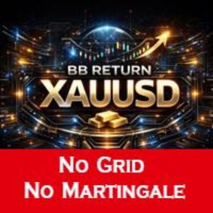 Può includere: Grafica digitale con il testo "BB RETURN XAUUSD" in lettere dorate, su uno sfondo scuro e futuristico con linee luminose e una freccia che sale. Sotto, il testo "No GRID No MARTINGALE" è visualizzato su uno striscione rosso.