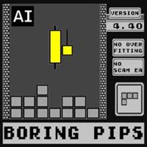 Può includere: Un'interfaccia digitale con il testo AI, VERSION 4.40, NO OVER FITTING, NO SCAM EA e BORING PIPS. Il display mostra uno sfondo grigio con un grafico a candele giallo sopra una fila di blocchi quadrati grigi e un'icona a blocchi.