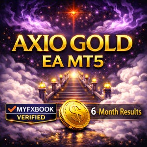 May include: A digital graphic with the words "AXIO GOLD EA MT5" in gold lettering against a purple and starry background. A golden coin with a dollar sign is featured, along with the text "6-Month Results" and "MYFXBOOK VERIFIED".